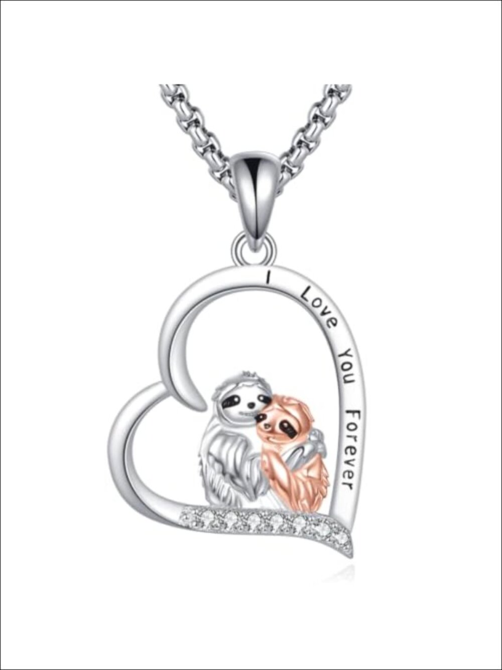 18k White Gold Plated Heart Sloth Pendant Necklace